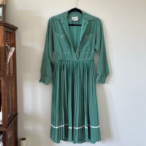 Vintage Green and White Striped Long Sleeve Dress